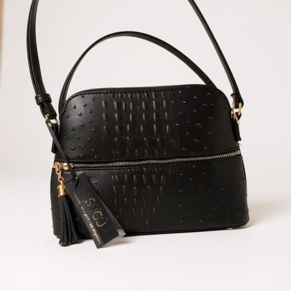 SUGU Vegan Faux Ostrich Crossbody Bag w/ Tassel – Black